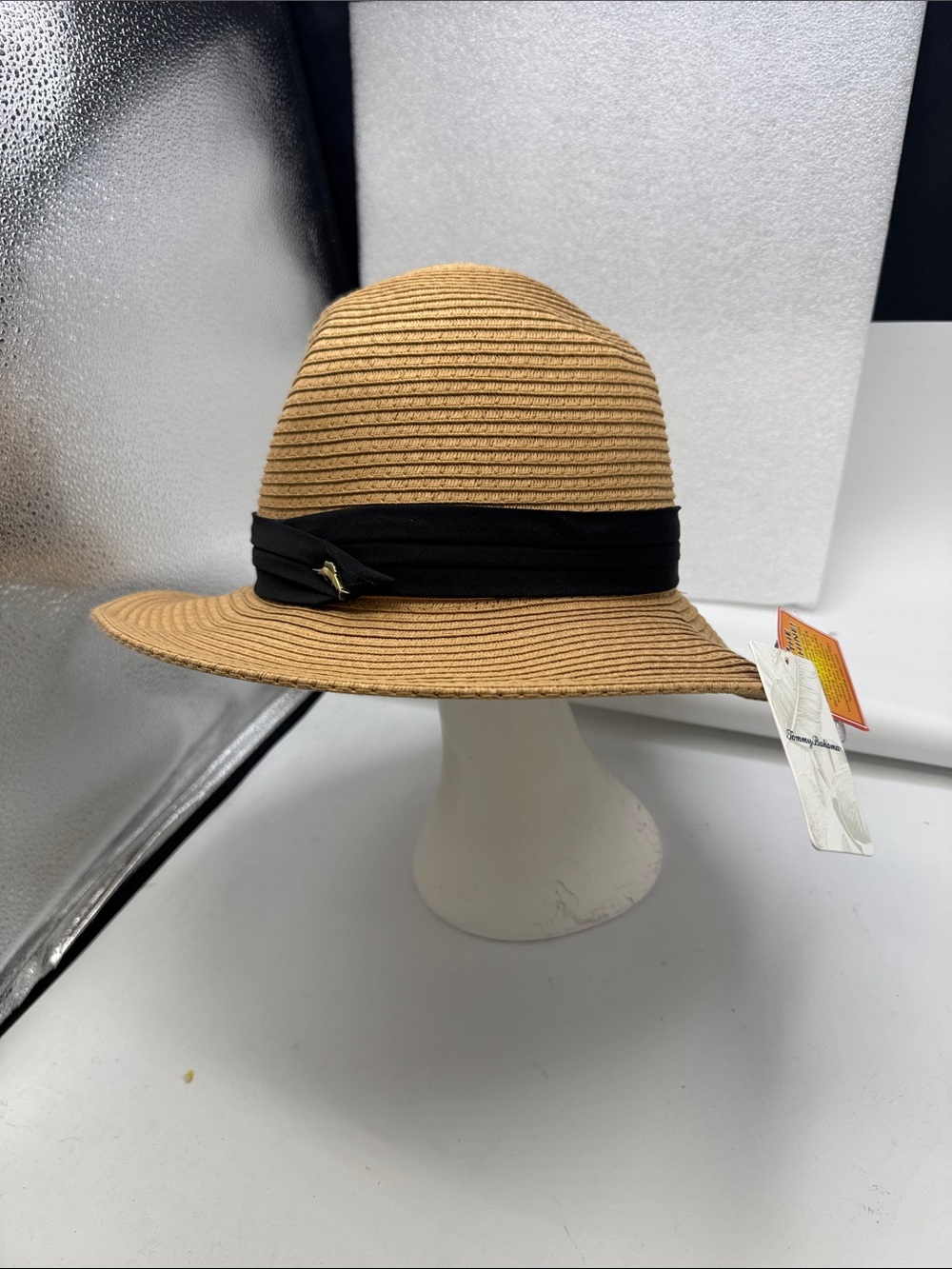 Tommy Bahama Tan Straw Fedora with Black Band, UPF 50+ sun protection